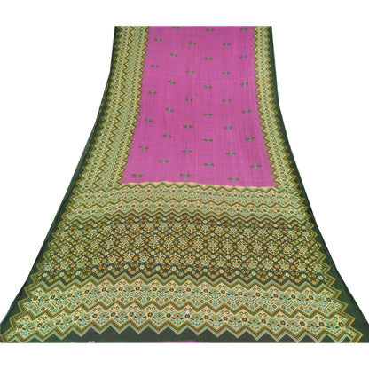 Sanskriti Vintage Sarees Purple/Green Pure Cotton Printed Sari 5yd Craft Fabric