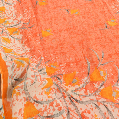 Sanskriti Vintage Sarees Indian Orange Pure Cotton Printed Sari 5yd Craft Fabric