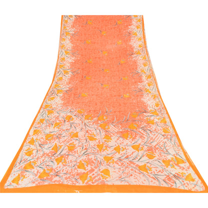 Sanskriti Vintage Sarees Indian Orange Pure Cotton Printed Sari 5yd Craft Fabric