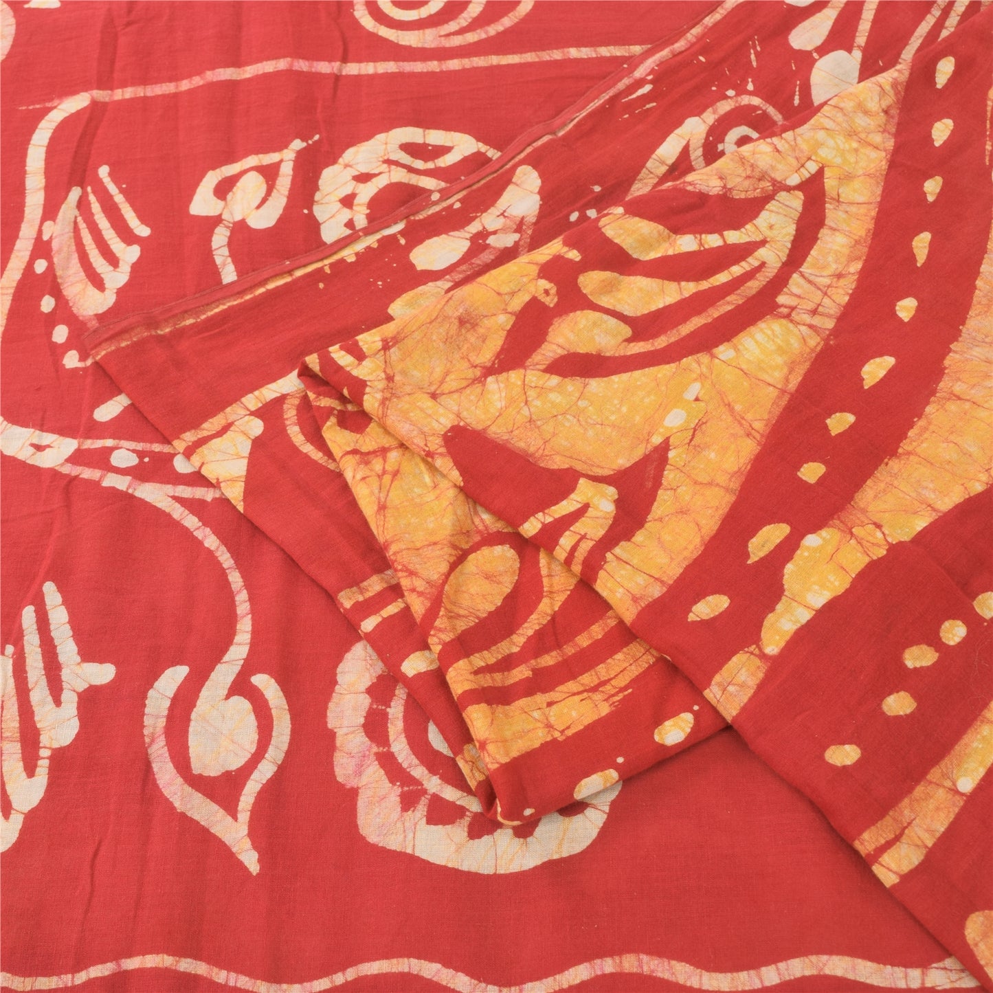 Sanskriti Vintage Sarees Red/Cream Batik Work Pure Cotton Sari 5yd Craft Fabric