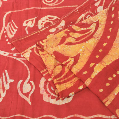 Sanskriti Vintage Sarees Red/Cream Batik Work Pure Cotton Sari 5yd Craft Fabric