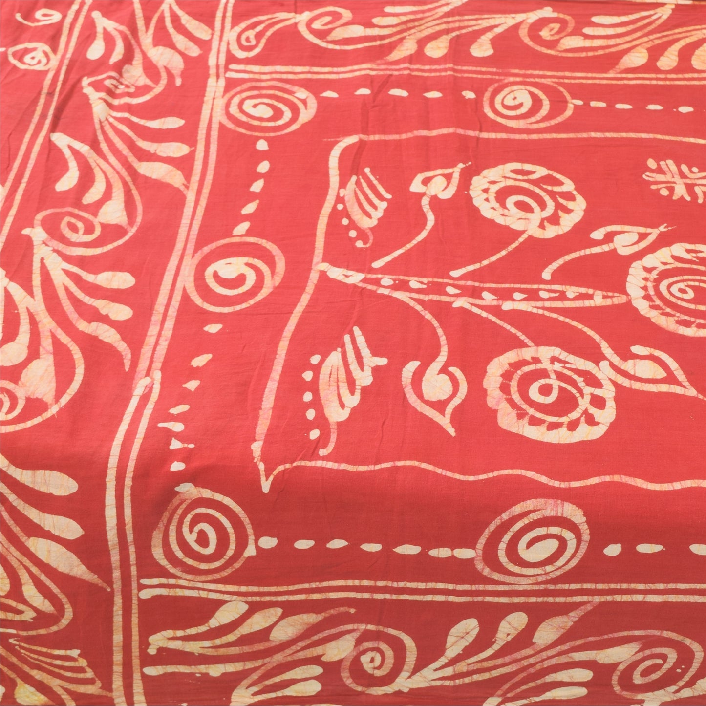 Sanskriti Vintage Sarees Red/Cream Batik Work Pure Cotton Sari 5yd Craft Fabric