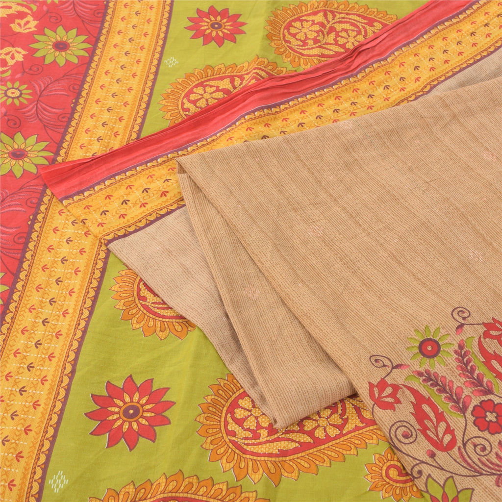 Sanskriti Vintage Sarees Indian Brown Pure Cotton Printed Sari 5yd Craft Fabric