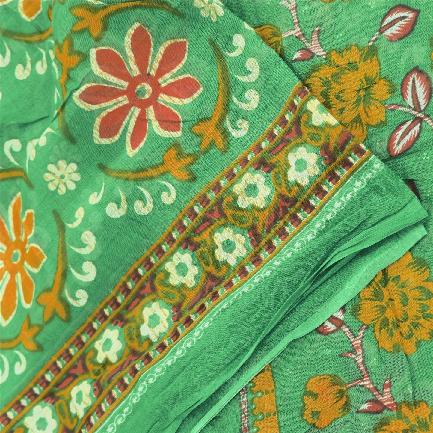 Sanskriti Vintage Sarees Indian Green Pure Cotton Printed Sari 5yd Craft Fabric