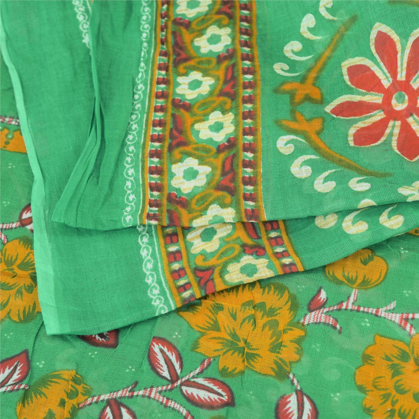 Sanskriti Vintage Sarees Indian Green Pure Cotton Printed Sari 5yd Craft Fabric