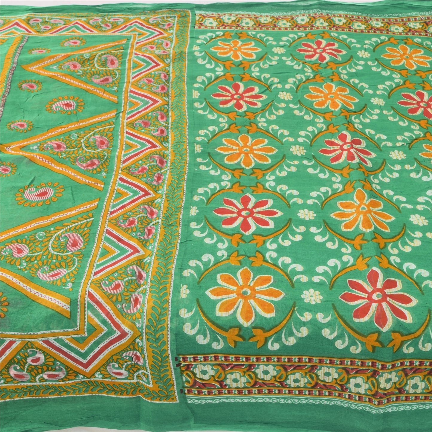 Sanskriti Vintage Sarees Indian Green Pure Cotton Printed Sari 5yd Craft Fabric