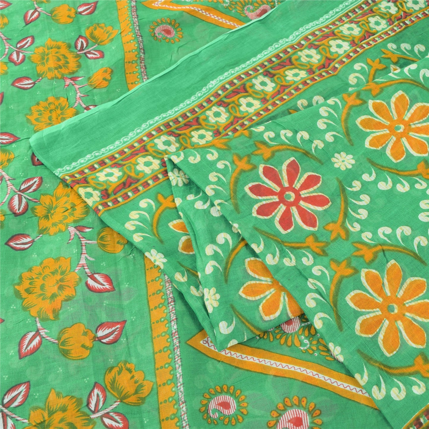 Sanskriti Vintage Sarees Indian Green Pure Cotton Printed Sari 5yd Craft Fabric