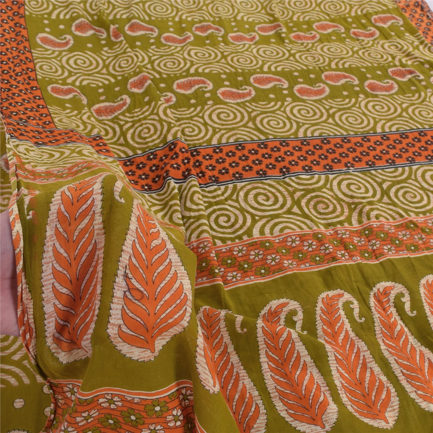 Sanskriti Vintage Sarees Indian Green Pure Cotton Printed Sari 5yd Craft Fabric