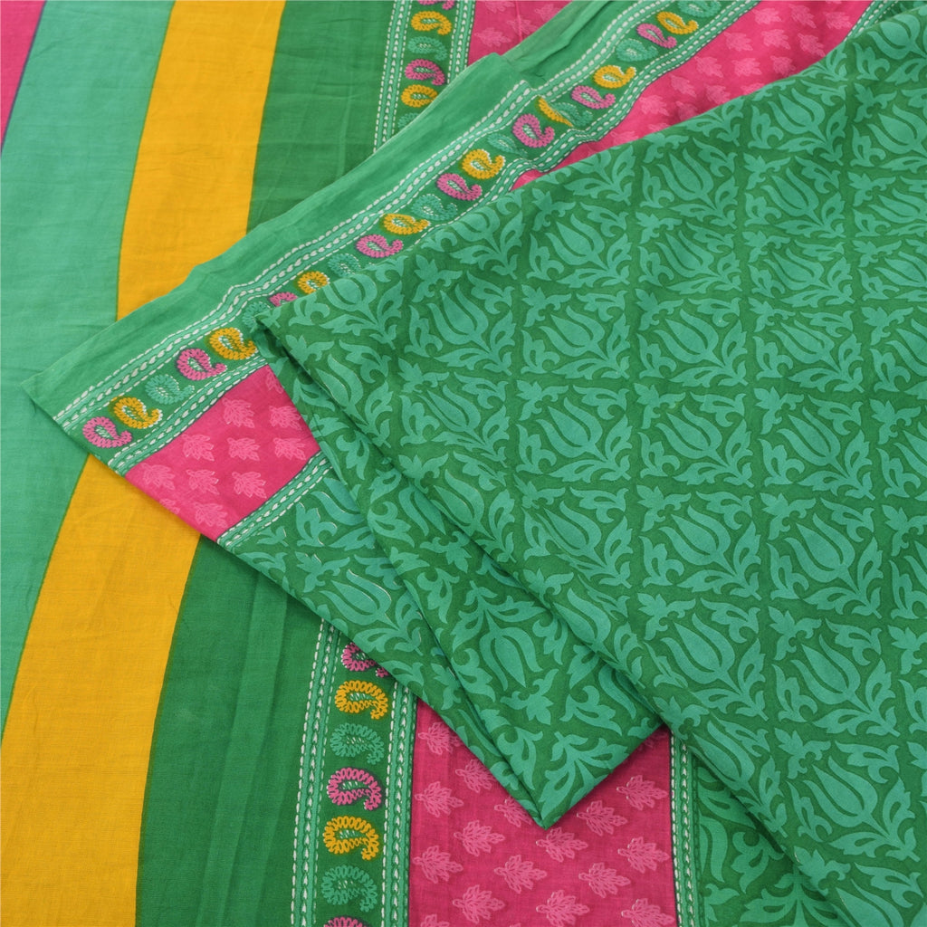 Sanskriti Vintage Sarees Indian Green Pure Cotton Printed Sari 5yd Craft Fabric