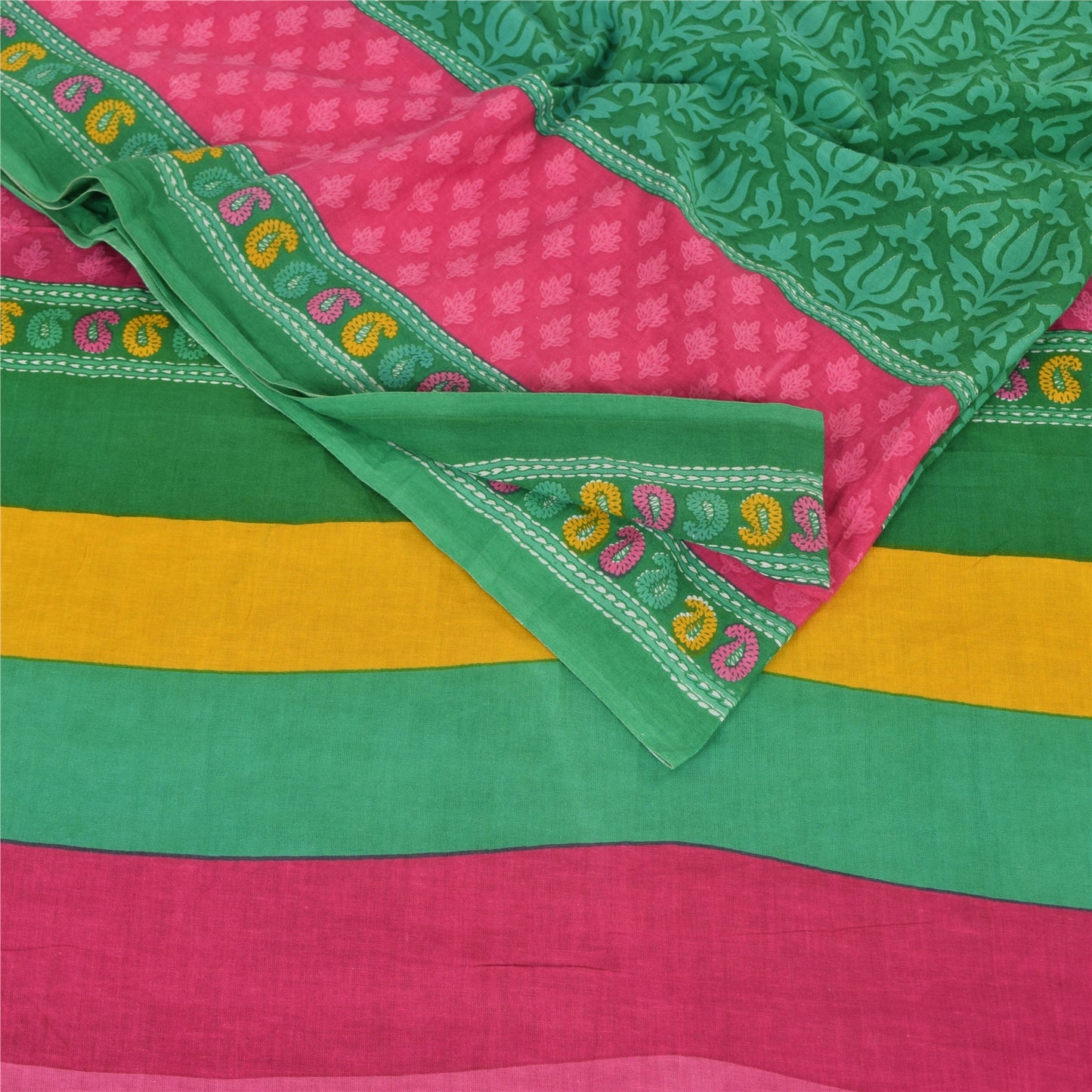 Sanskriti Vintage Sarees Indian Green Pure Cotton Printed Sari 5yd Craft Fabric