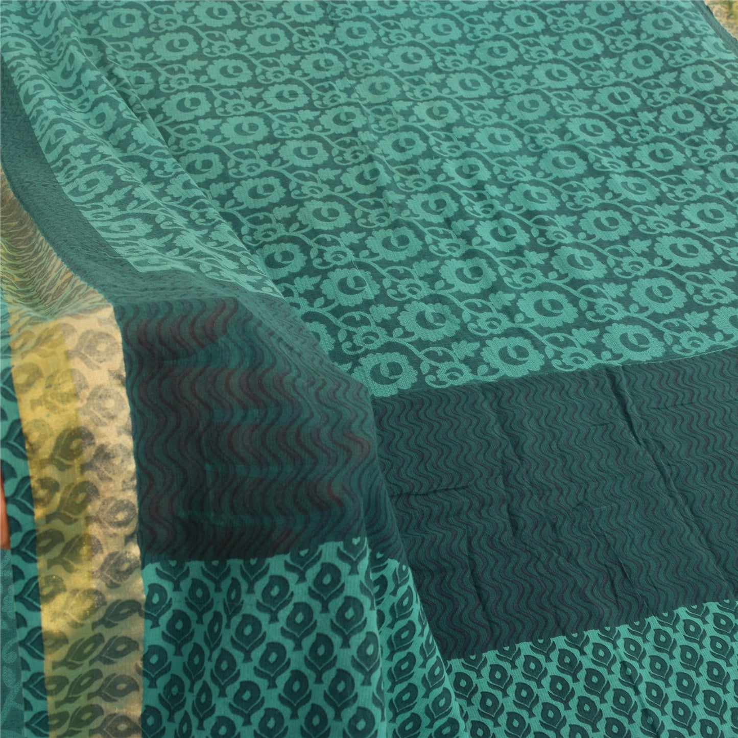 Sanskriti Vintage Sarees Indian Sea-Green Pure Cotton Printed Sari Craft Fabric