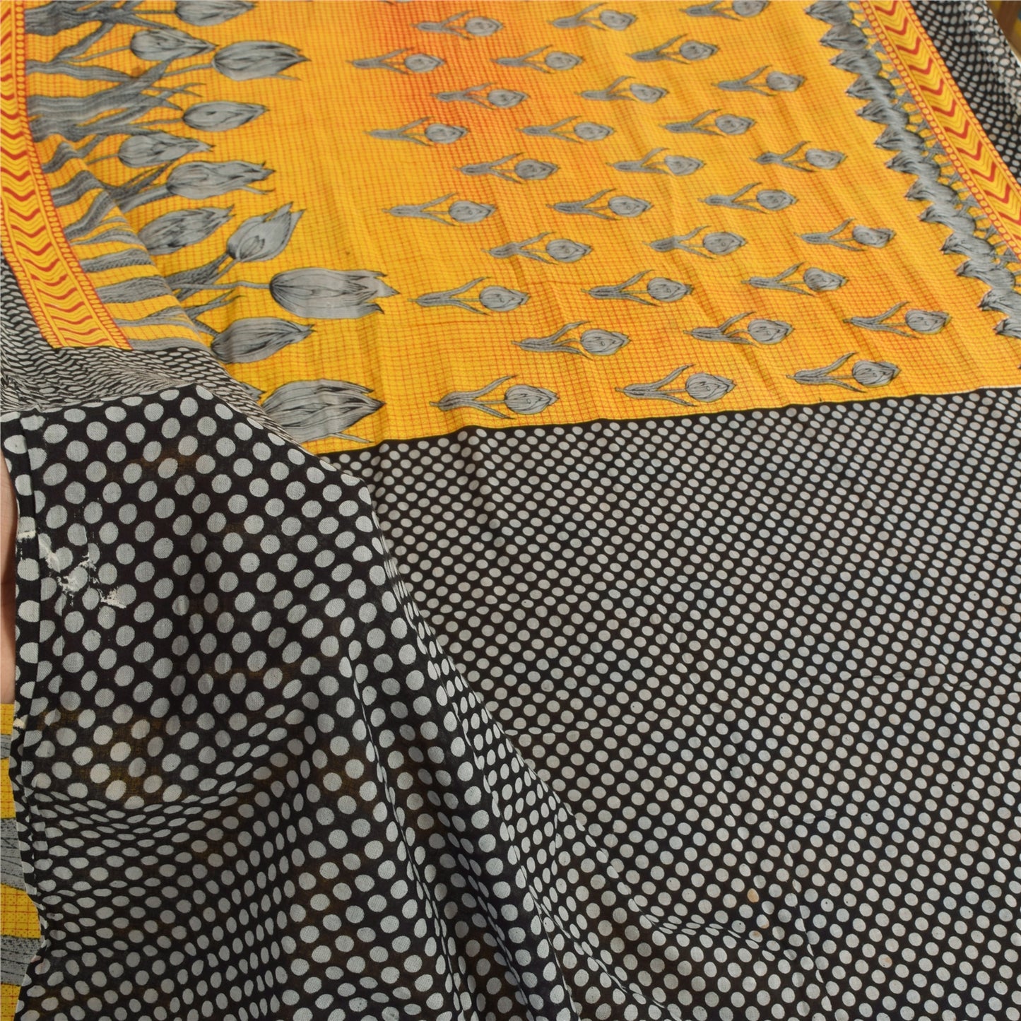 Sanskriti Vintage Sarees Yellow/Black Pure Cotton Printed Sari 5yd Craft Fabric