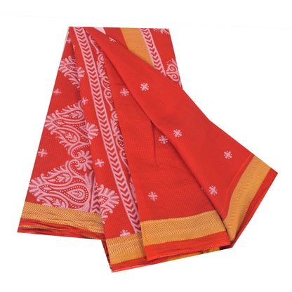 Sanskriti Vintage Sarees From India Red Pure Cotton Print Sari 5yd Craft Fabric