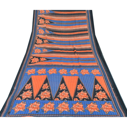 Sanskriti Vintage Sarees Blue/Orange Pure Cotton Printed Sari 5yd Craft Fabric