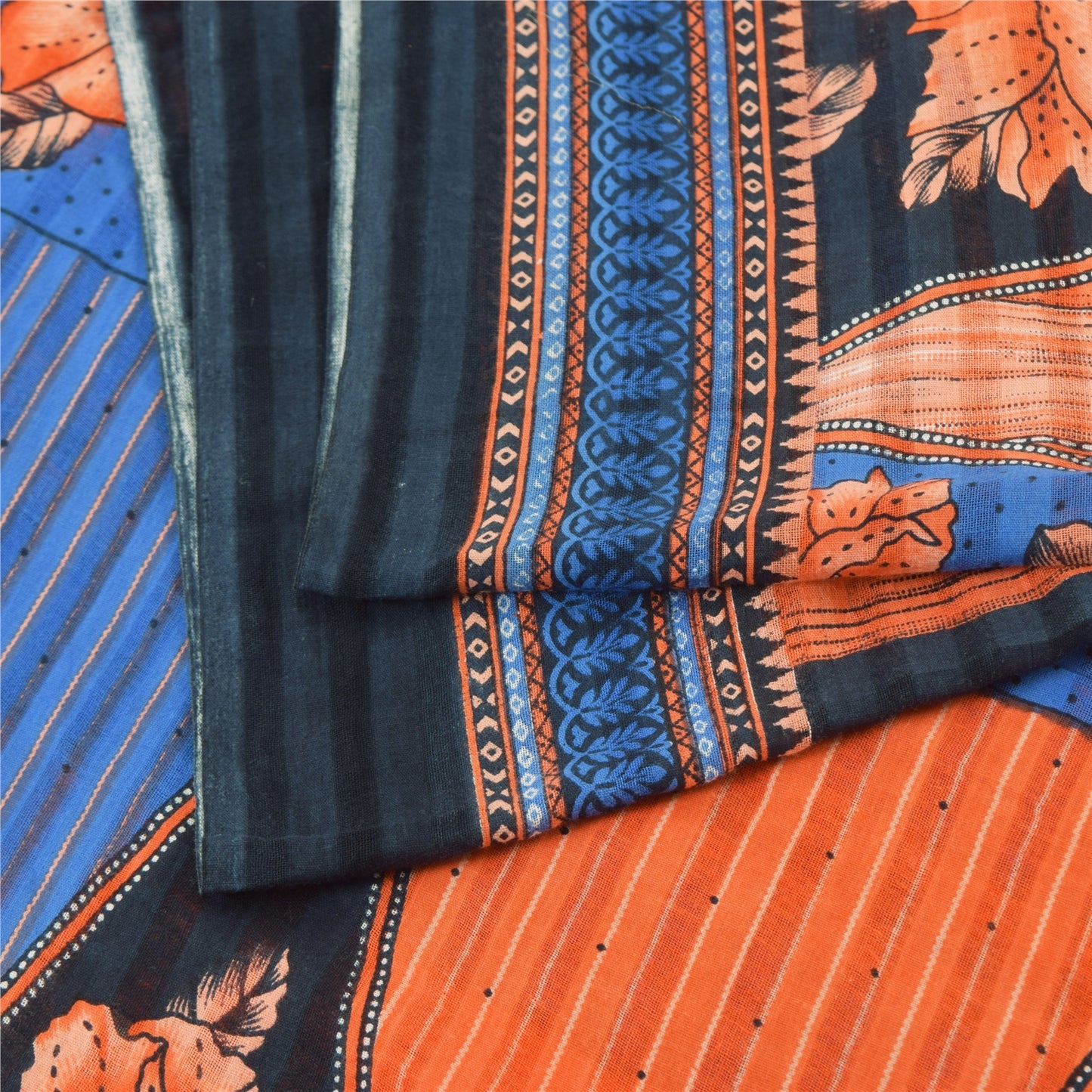 Sanskriti Vintage Sarees Blue/Orange Pure Cotton Printed Sari 5yd Craft Fabric