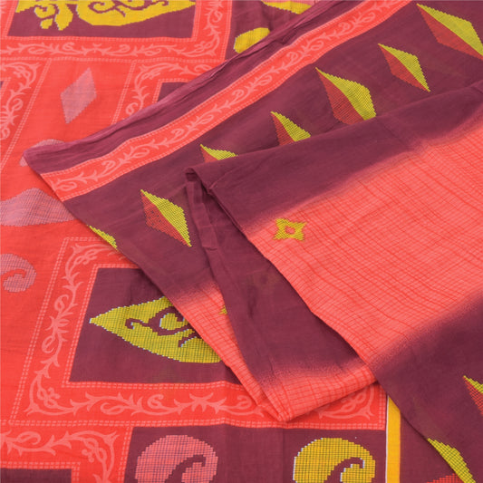 Sanskriti Vintage Sarees Purple/Peach Pure Cotton Printed Sari 5yd Craft Fabric