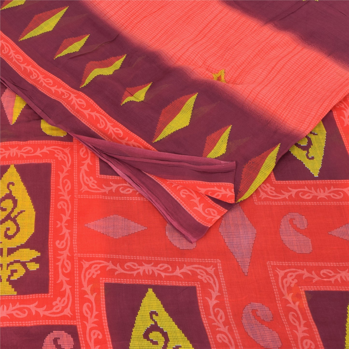 Sanskriti Vintage Sarees Purple/Peach Pure Cotton Printed Sari 5yd Craft Fabric