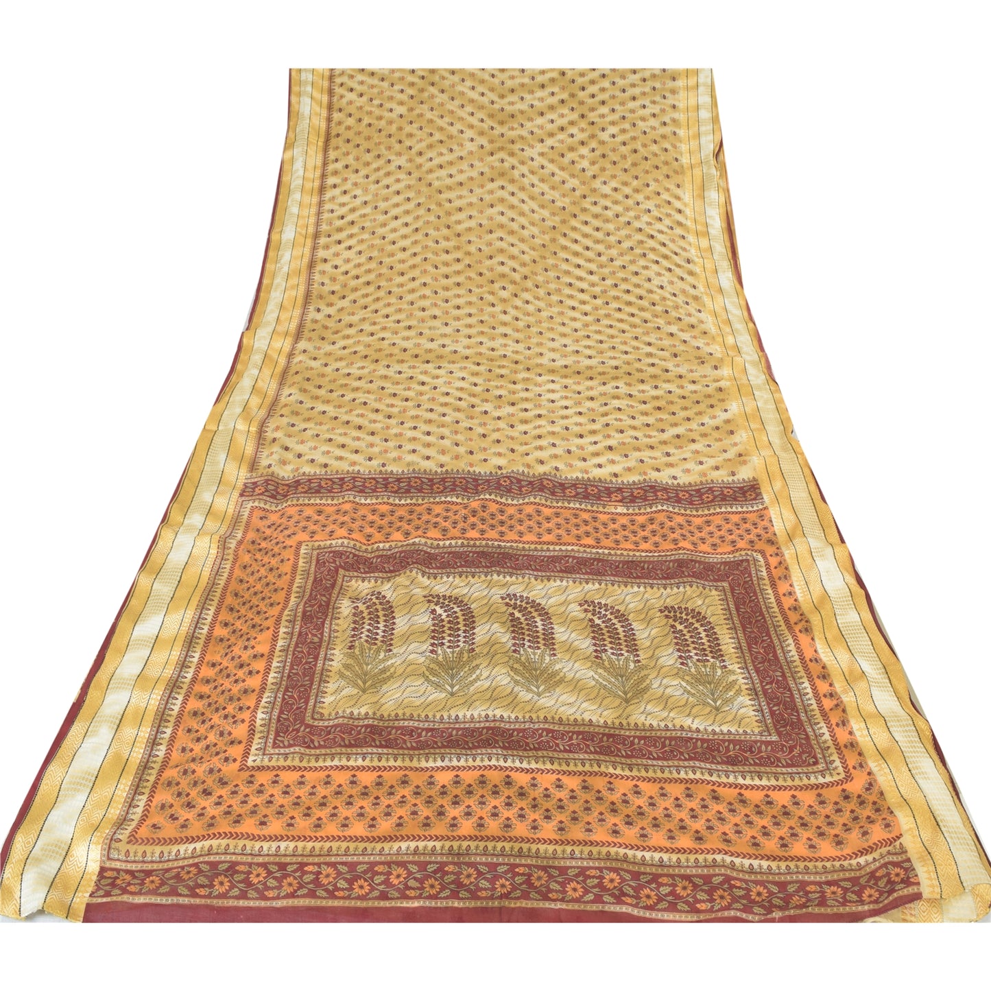 Sanskriti Vintage Sarees Pale-Yellow Pure Cotton Printed Sari 5yd Craft Fabric