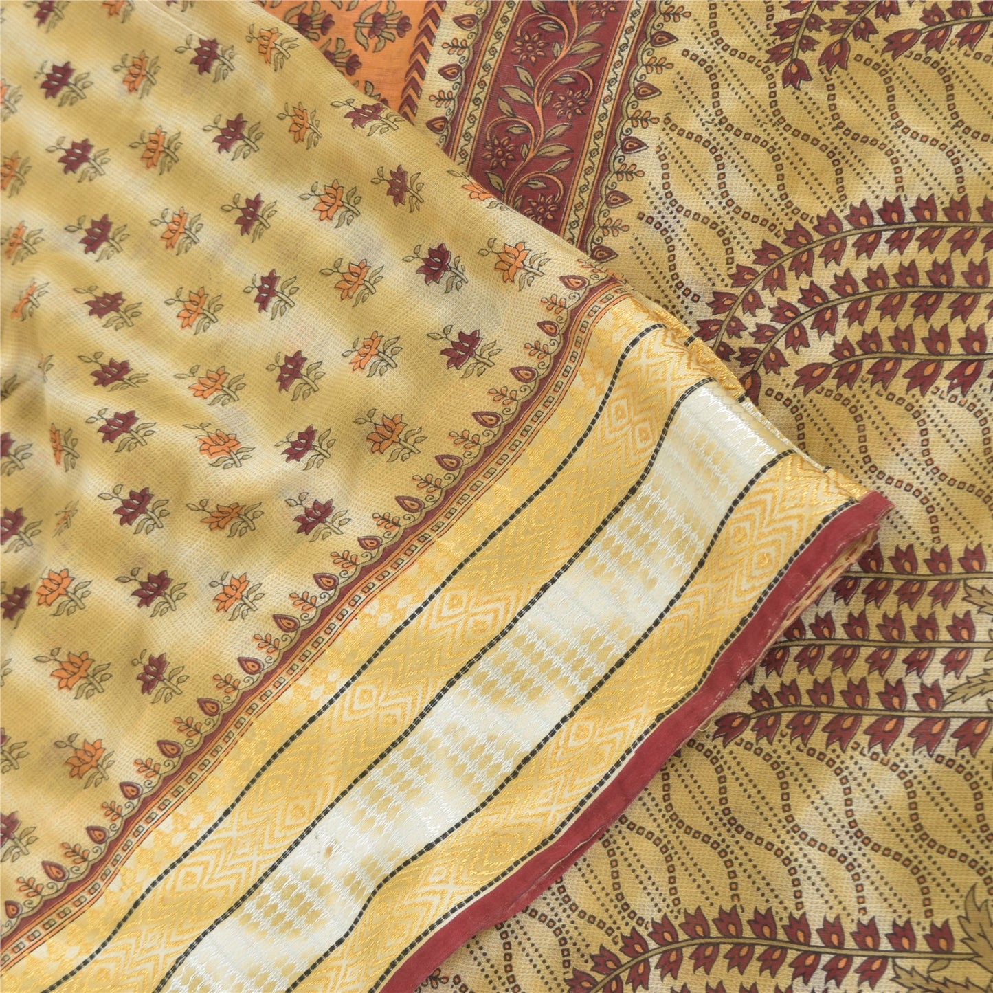 Sanskriti Vintage Sarees Pale-Yellow Pure Cotton Printed Sari 5yd Craft Fabric