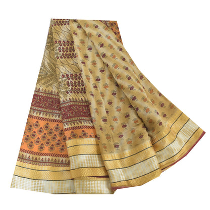 Sanskriti Vintage Sarees Pale-Yellow Pure Cotton Printed Sari 5yd Craft Fabric