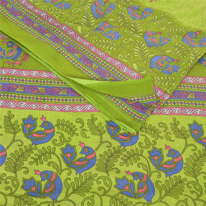 Sanskriti Vintage Sarees Green Peacock Printed Pure Cotton Sari 5yd Craft Fabric