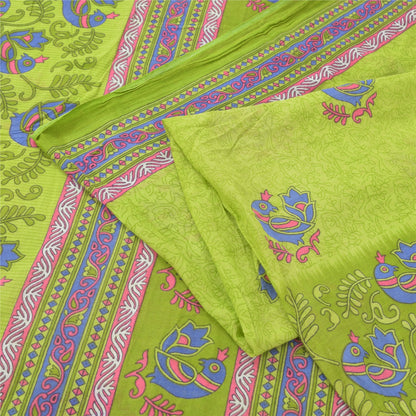 Sanskriti Vintage Sarees Green Peacock Printed Pure Cotton Sari 5yd Craft Fabric