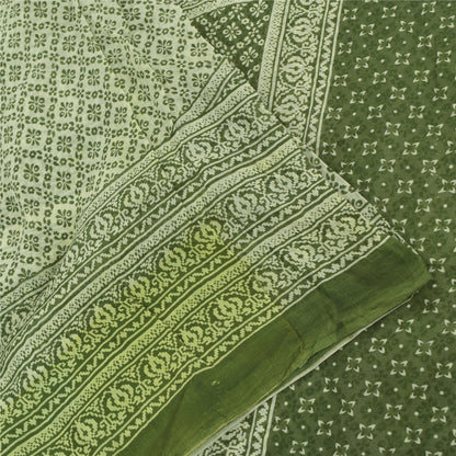 Sanskriti Vintage Sarees Green/Ivory Pure Cotton Printed Sari 5yd Craft Fabric