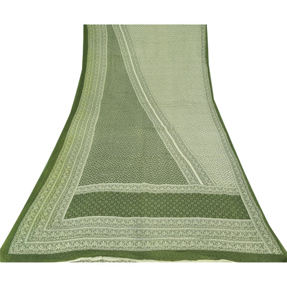 Sanskriti Vintage Sarees Green/Ivory Pure Cotton Printed Sari 5yd Craft Fabric