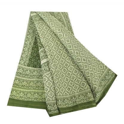 Sanskriti Vintage Sarees Green/Ivory Pure Cotton Printed Sari 5yd Craft Fabric