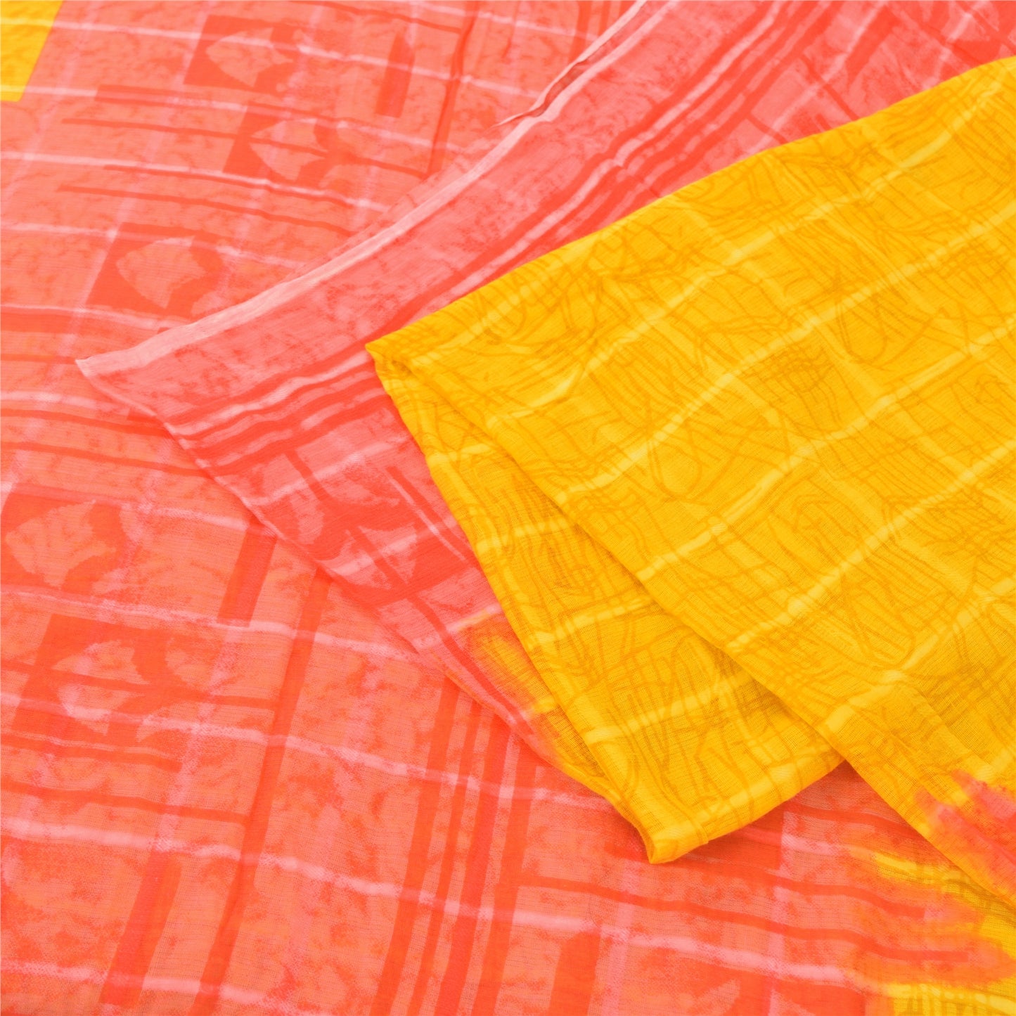 Sanskriti Vintage Sarees Yellow/Red Pure Cotton Printed Sari 5yd Craft Fabric