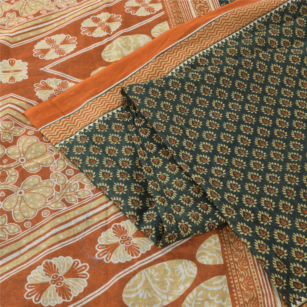 Sanskriti Vintage Sarees Green/Orange Pure Cotton Printed Sari 5yd Craft Fabric