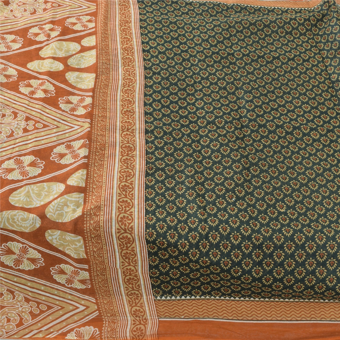 Sanskriti Vintage Sarees Green/Orange Pure Cotton Printed Sari 5yd Craft Fabric