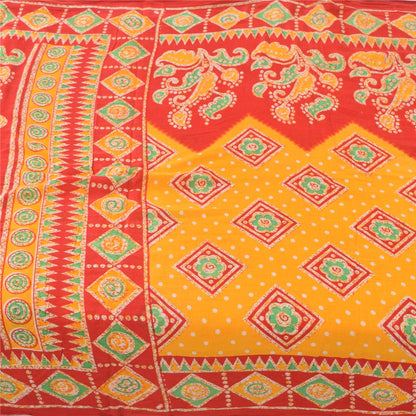 Sanskriti Vintage Sarees Yellow/Red Pure Cotton Printed Sari 5yd Craft Fabric