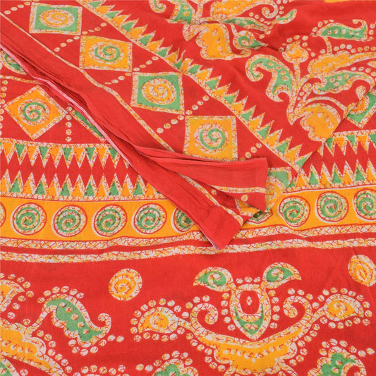 Sanskriti Vintage Sarees Yellow/Red Pure Cotton Printed Sari 5yd Craft Fabric