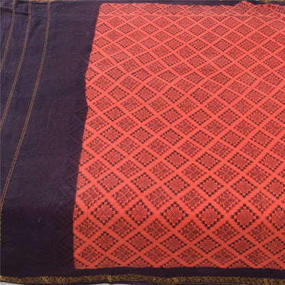 Sanskriti Vintage Sarees Peach/Purple Zari Woven Print Pure Cotton Sari Fabric