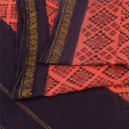 Sanskriti Vintage Sarees Peach/Purple Zari Woven Print Pure Cotton Sari Fabric