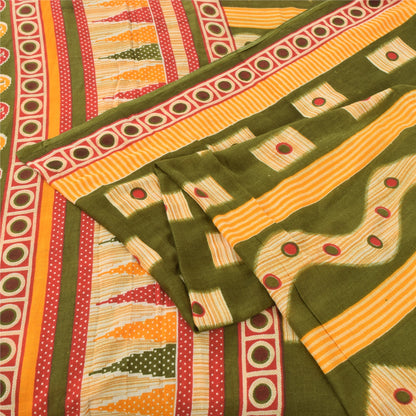 Sanskriti Vintage Sarees Indian Green Pure Cotton Printed Sari 5yd Craft Fabric