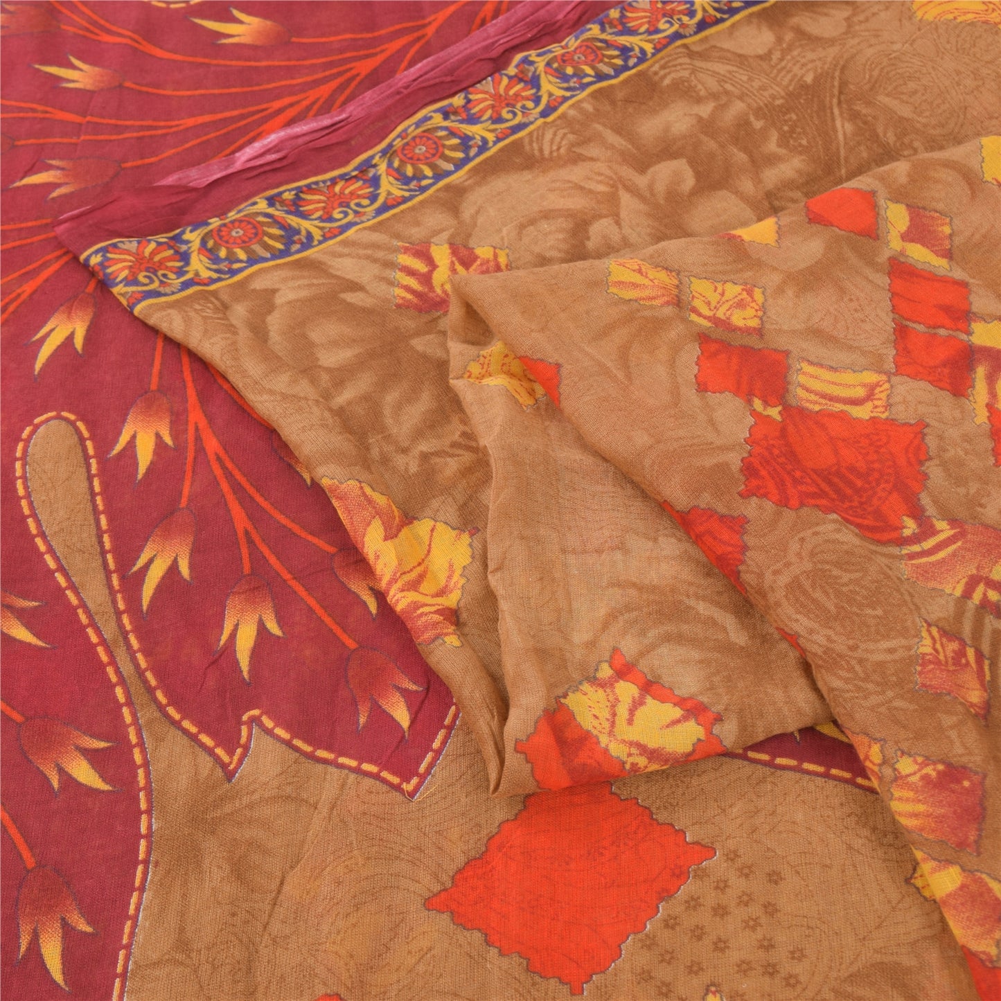 Sanskriti Vintage Sarees Indian Brown Pure Cotton Printed Sari 5yd Craft Fabric