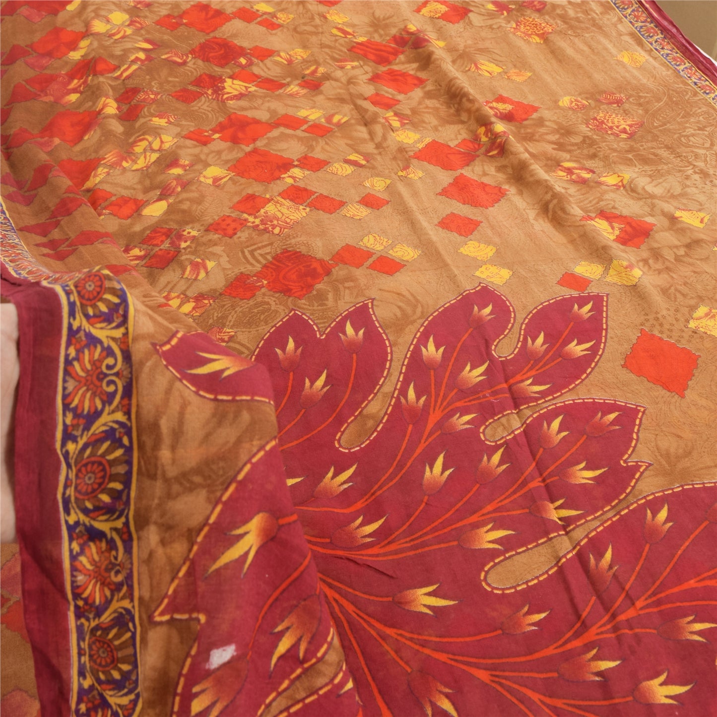 Sanskriti Vintage Sarees Indian Brown Pure Cotton Printed Sari 5yd Craft Fabric