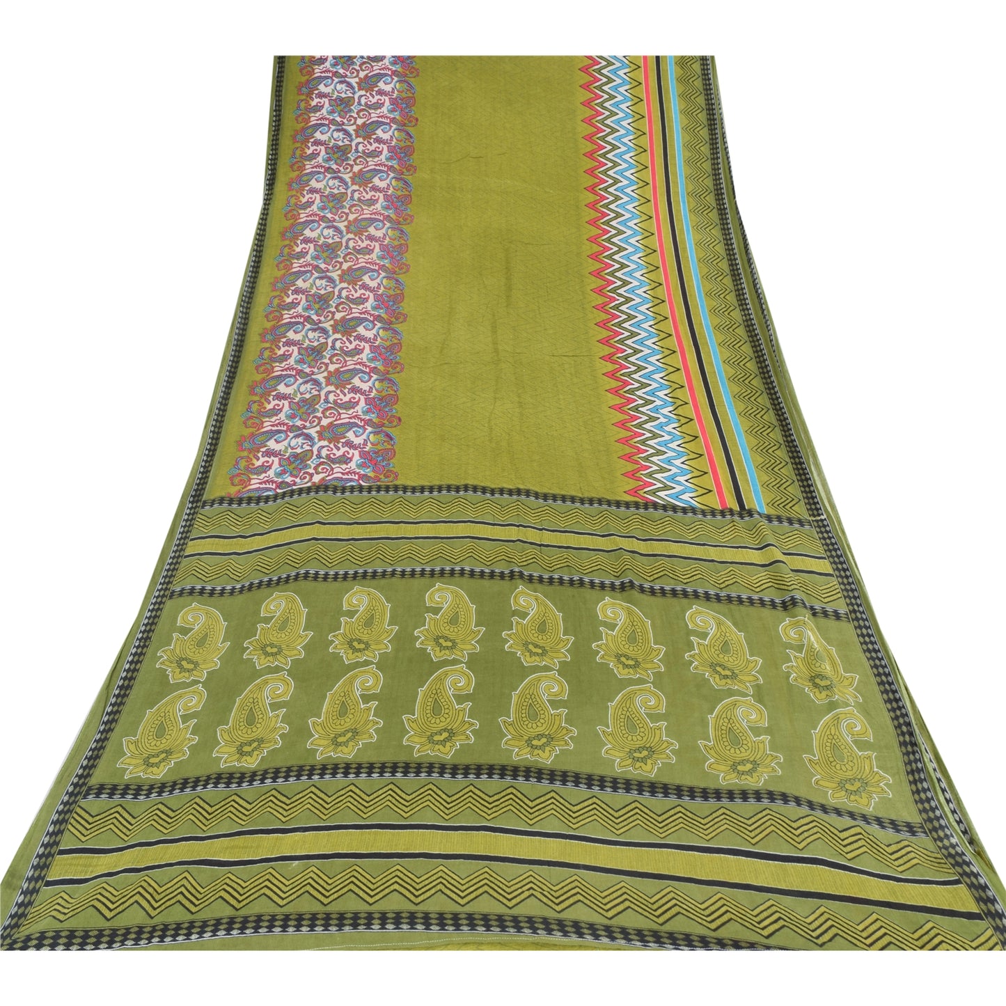 Sanskriti Vintage Sarees Indian Green Pure Cotton Printed Sari 5yd Craft Fabric