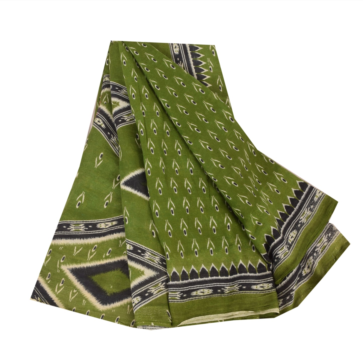 Sanskriti Vintage Sarees Indian Green Pure Cotton Printed Sari 5yd Craft Fabric