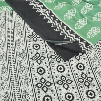 Sanskriti Vintage Sarees Block Printed Green/White Pure Cotton Sari 6yd Fabric