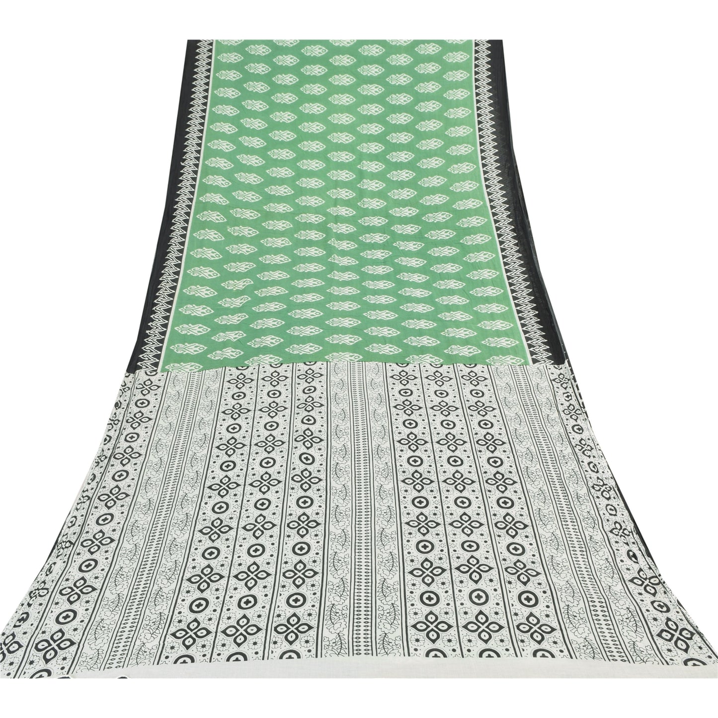 Sanskriti Vintage Sarees Block Printed Green/White Pure Cotton Sari 6yd Fabric