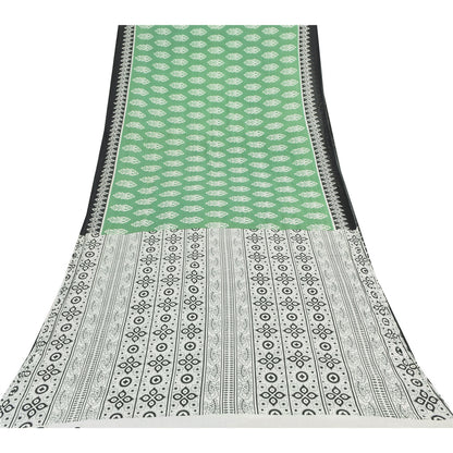 Sanskriti Vintage Sarees Block Printed Green/White Pure Cotton Sari 6yd Fabric