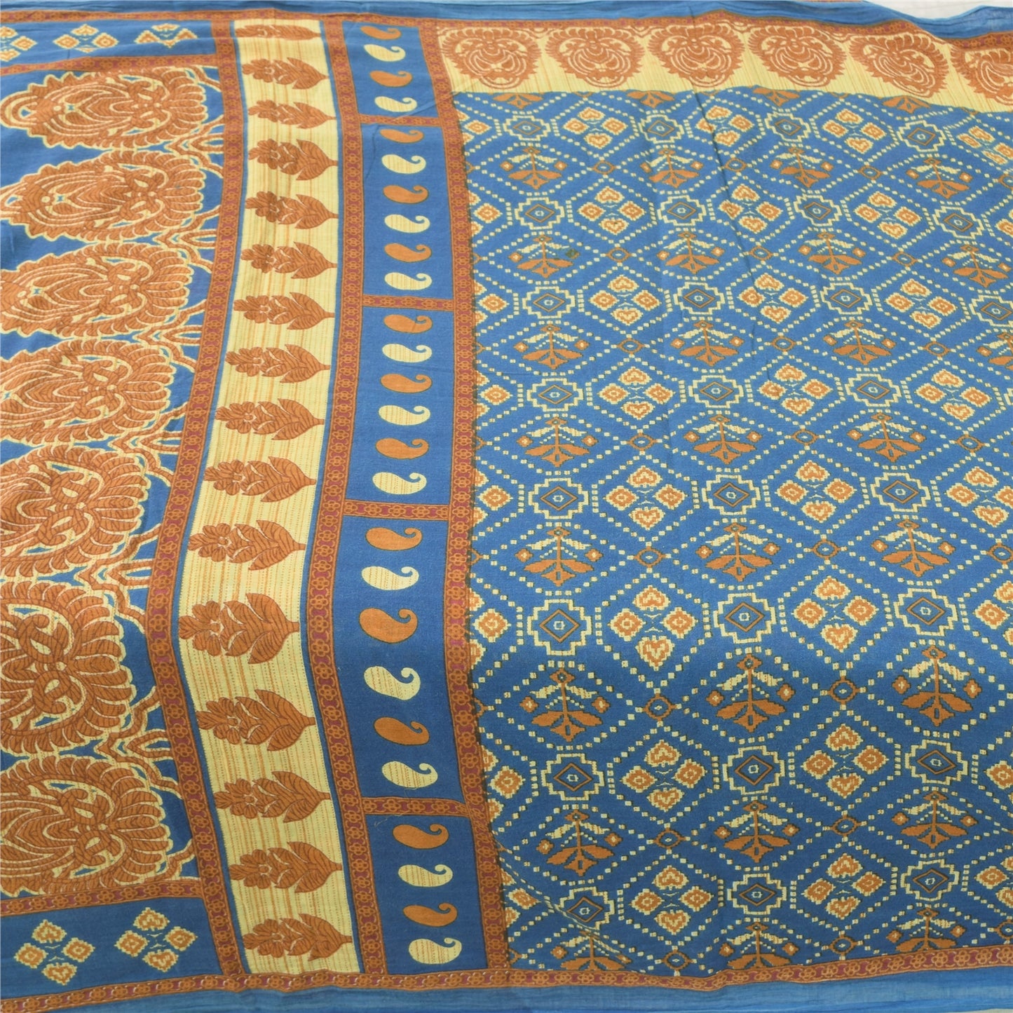 Sanskriti Vintage Sarees Indian Blue Pure Cotton Printed Sari 5yd Craft Fabric