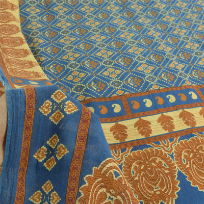 Sanskriti Vintage Sarees Indian Blue Pure Cotton Printed Sari 5yd Craft Fabric