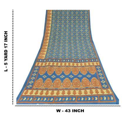 Sanskriti Vintage Sarees Indian Blue Pure Cotton Printed Sari 5yd Craft Fabric