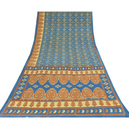 Sanskriti Vintage Sarees Indian Blue Pure Cotton Printed Sari 5yd Craft Fabric