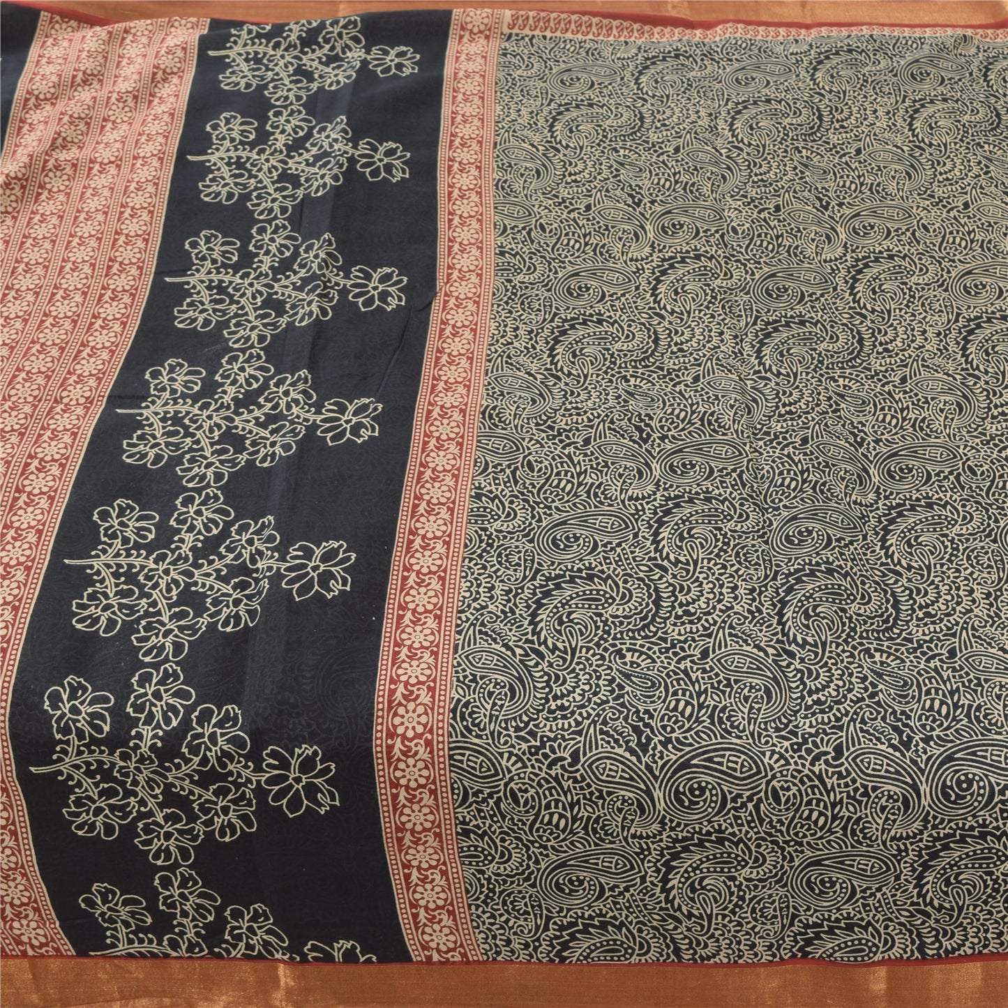 Sanskriti Vintage Sarees Black Block Printed Pure Cotton Sari 5yd Craft Fabric