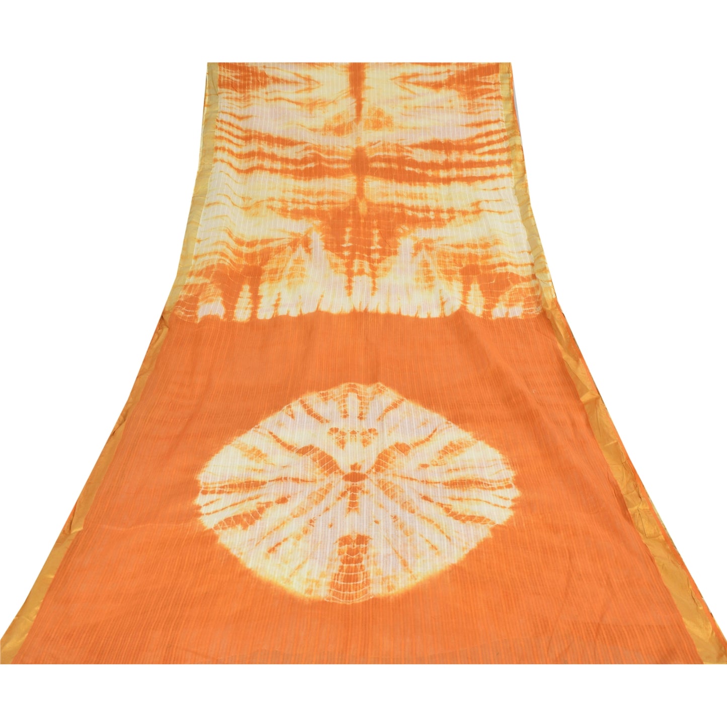 Sanskriti Vintage Sarees Orange/Ivory Tie-Dye Pure Cotton Sari 5yd Craft Fabric